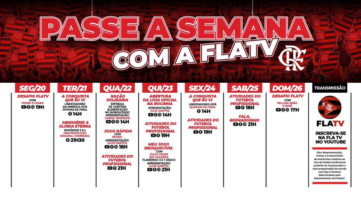 Flamengo's tweet photo. Passe a semana com a #FLATV, Nação! Confira a nossa programação! 

#CRF https://t.co/f2oIotknWY