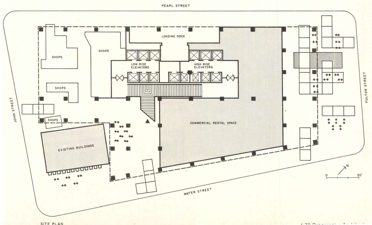 deHarak also designed a clock for the facade of an existing building on Water Street, bottom left in plan, that was surrounded by 127 John Street. 8/