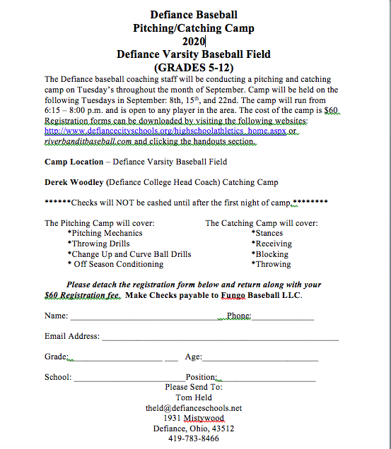 Fall Pitchers/Catchers Camp in September in Defiance. Grades 5-12 @CoachWoods16