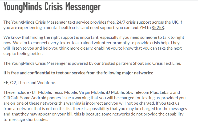 This is an alternate to "Shout" for younger people. They offer support and guidance in a crisis, and aim to support young people.