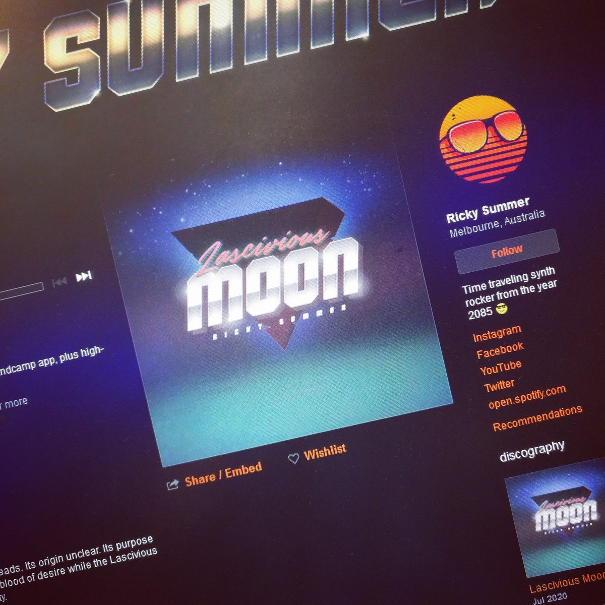 RickySummer2085's tweet photo. The NEW EP is out!

Bask in the ominous glow of the Lascivious Moon... 
Bandcamp: https://t.co/7Gyr2xLx66
Spotify: https://t.co/H4pZr0uRkV

#synthfam #synthwave #retrowave https://t.co/3MZoVy9ZFd