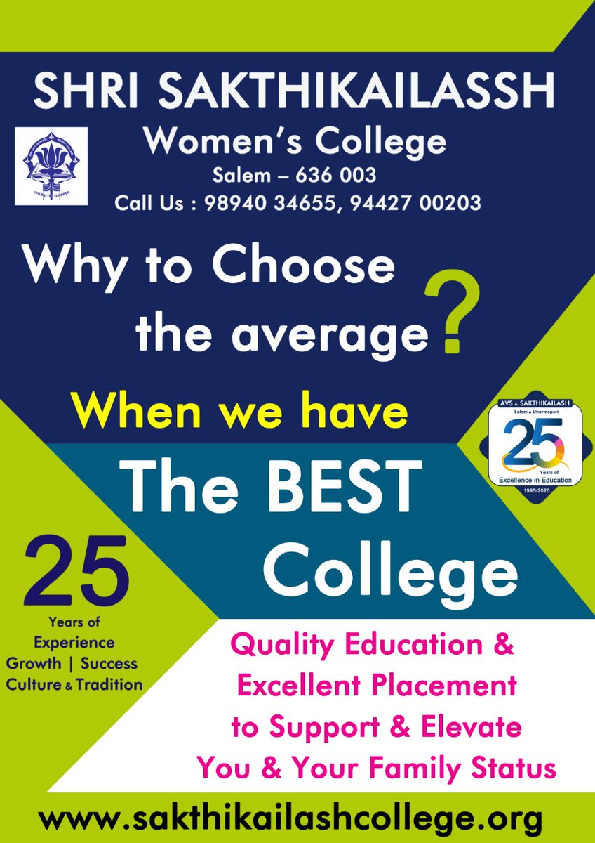 CsSswc's tweet photo. Shri Sakthikailassh Women's College,Salem
#StudyAtSakthikailassh
#BestWomensCollegeInSalem
#QualityEducation
#GoodInAcademics
#ExcellentPlacement
#TopInSports
#BrightFuture
#WeCreateResponsibleWomen
#staysafestayhome
FOR ADMISSION VISIT :
https://t.co/e42R5sBYXr https://t.co/jE6qp4kKoh