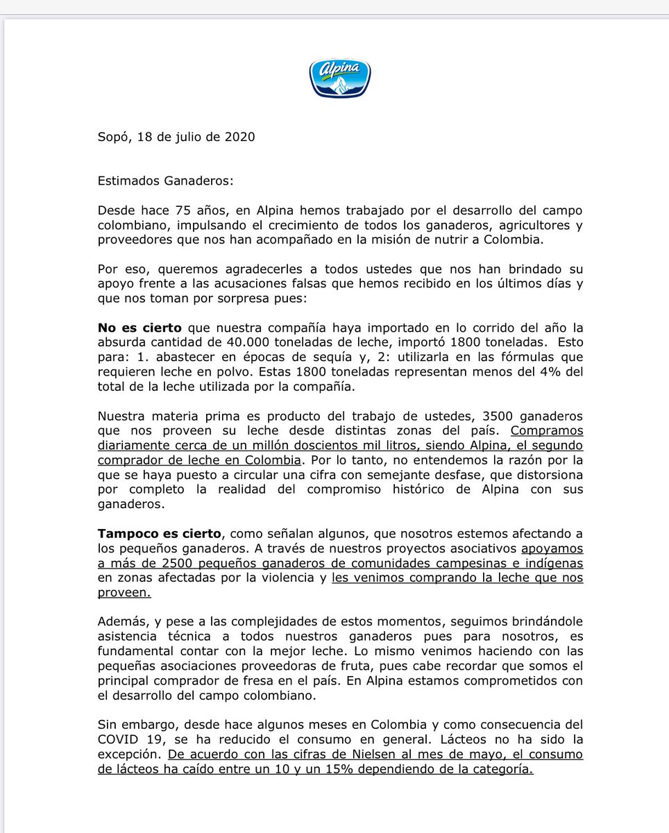 DdianiFeliZ's tweet photo. Antes de meterse en campañas de desprestigio sin argumentos válidos les recomiendo leer esta carta a los ganaderos de Alpina donde se aclaran diversos temas! Luego digan lo que tengan que decir pero sin mentiras. #apoyoAlpina https://t.co/yTmZ3GOhIO