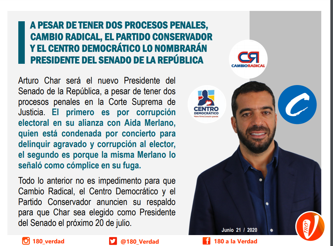180_Verdad's tweet photo. Arturo Char próximo Presidente del Senado a pesar de estar investigado. El ser aliado de Aida Merlano, y posible cómplice en la fuga de esta, no es impedimento para que Cambio Radical, el Centro Democrático y el Partido Conservador lo apoyen.

#CharNoDebePresidirSenadoPor https://t.co/cGgkHxB7WC