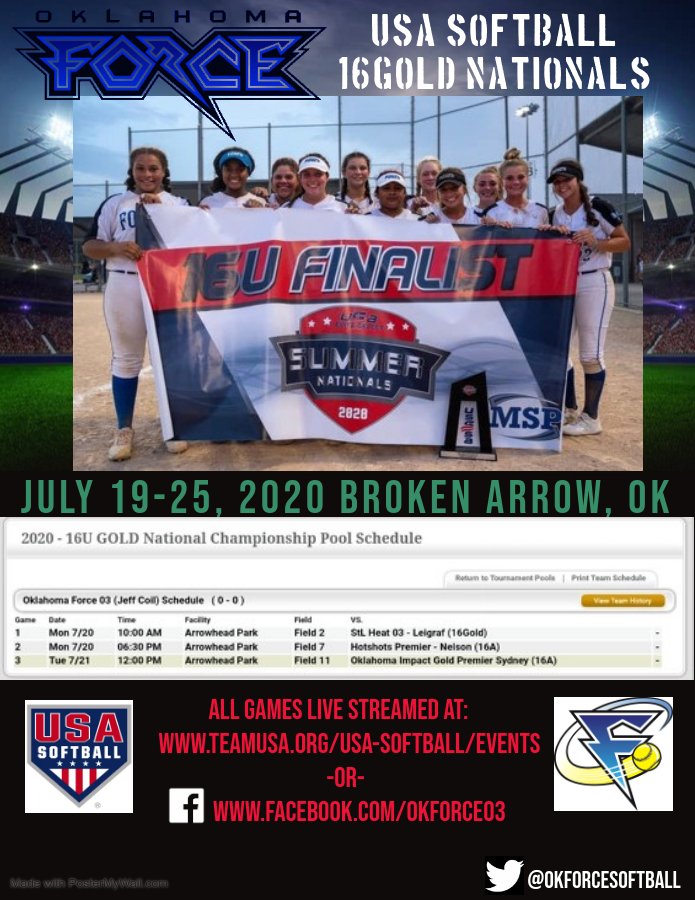 OKForceSoftball's tweet photo. THE CHASE CONTINUES! This week we go for the GOLD at @USASoftball 16Gold Nationals in Broken Arrow, OK. Watch us LIVE!!! #NoDaysOff #OKFORCE03 #IronSharpensIron https://t.co/UAkX6aUOBY