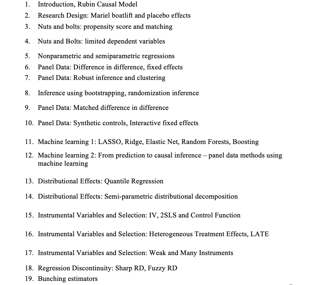 arindube's tweet photo. Initial outline of topics for #797B graduate applied micro-econometrics course for fall.
Will be iterating on this further. Suggestions welcome. (H/t @paulgp ) https://t.co/fMQk1mqz7v