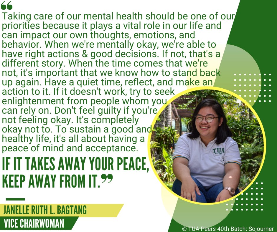 tuapeer's tweet photo. InsPEERation Mondays featuring Ms. Janelle Ruth L. Bagtang ๐ #MentalHealthMatters #InsPEERationMondays #TUAPeers #PersonForOthers https://t.co/MjKga8pqMb