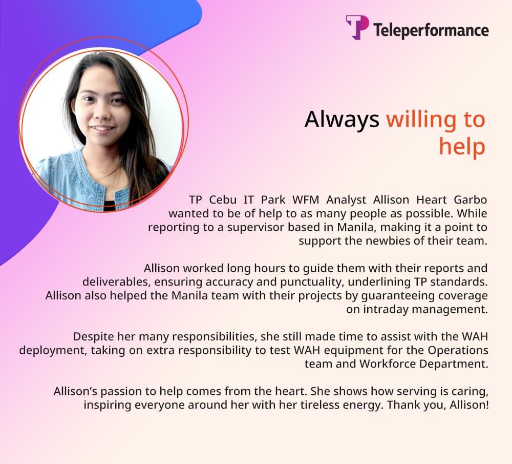 WeAreTPinthePH's tweet photo. Allisonโs passion to help comes from the heart. She shows how serving is caring, inspiring everyone around her with her tireless energy. Thank you, Allison!
#TPHeroes #TPStrong #WeHealAsOne #FightCOVID19 https://t.co/5W6nVa0uUw