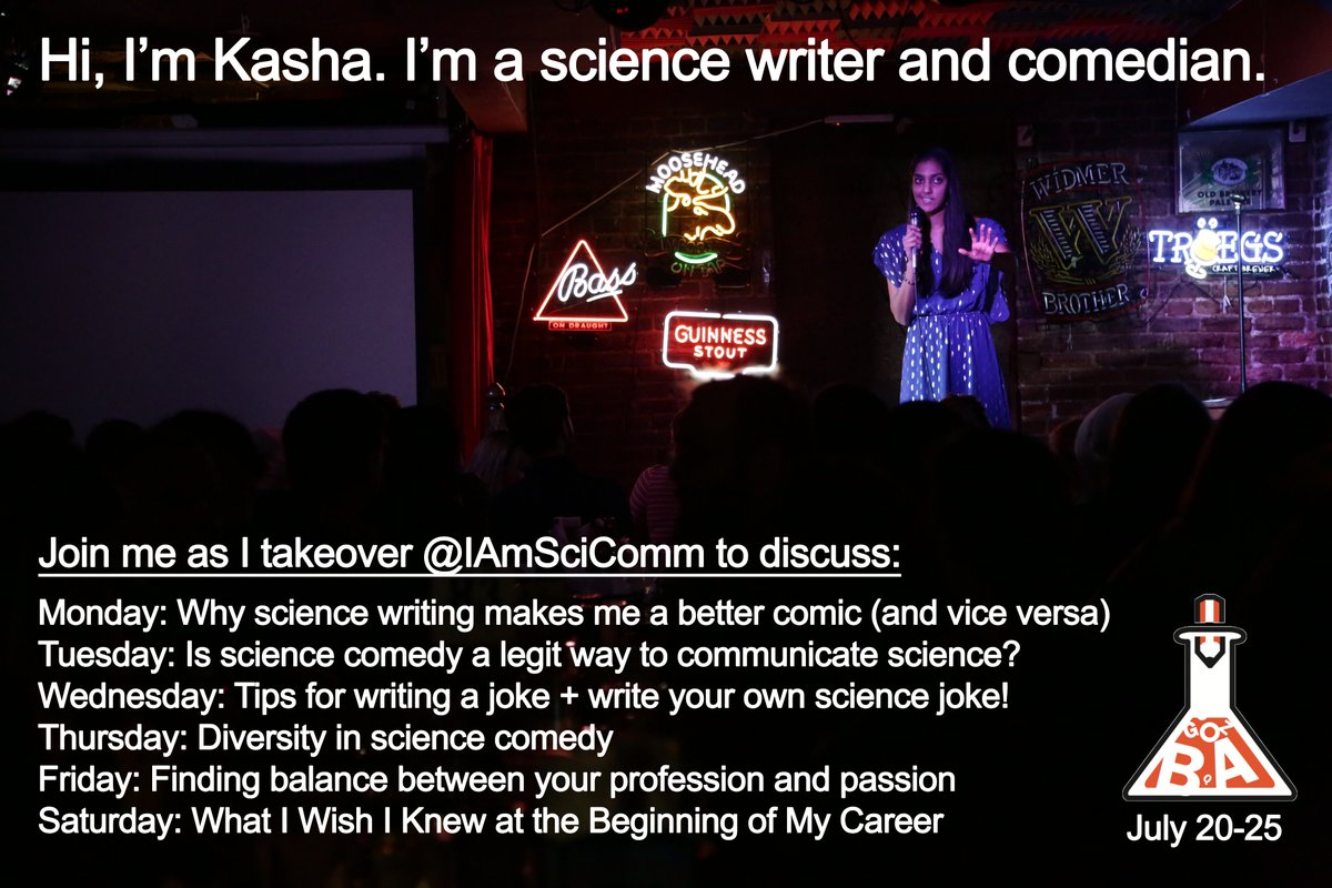 GET READY for me, @KashaPatel! #sciencecomedy #scicomm 

You'll get an inside look at what I've learned from 7 yrs of science stand-up, writing articles for NASA, TV appearances, and teaching joke writing. AMA throughout the week- looking forward to connecting with new folks!
