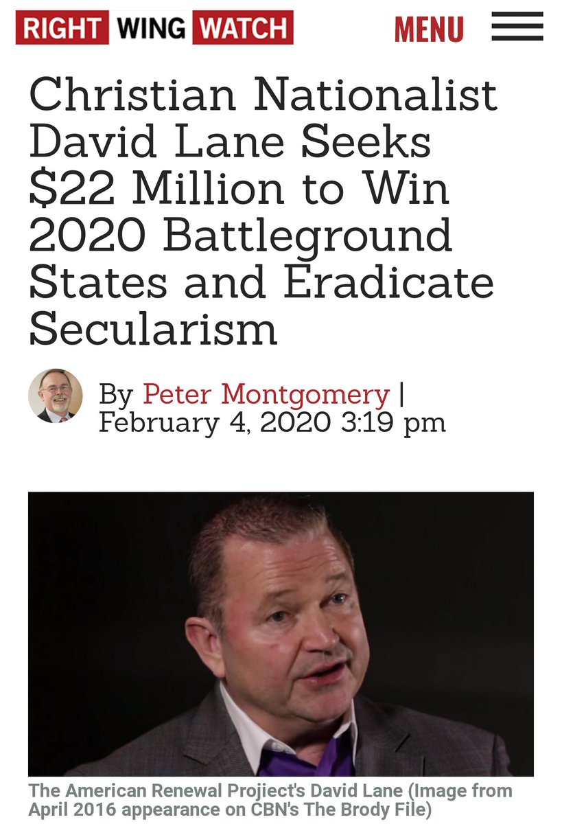 Specifically, David Lane has sought $22 million for ARP to increase Christian voter turnout in 2020 in the following 10 battleground states:FL, OH, PA, MO, NC, WI, MI, GA, AZ & IALane "claims ARP increased 'Christian turnout' by 5 to 7% in half a dozen key states in 2016." /6