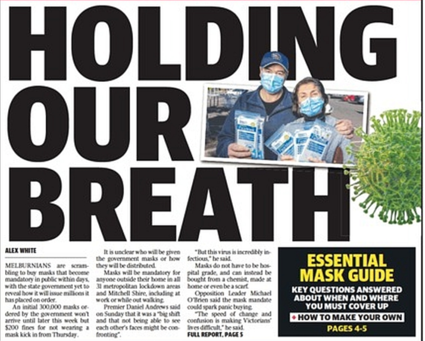 ebatruth's tweet photo. Front page sensationalist crap deliberately designed to undermine public confidence and compliance and thereby worsen the pandemic, from the Herald Sun today. You haven't got a spare sock for a #sockmask @alexwhitelive ? #springst https://t.co/JPnIbCdz6v