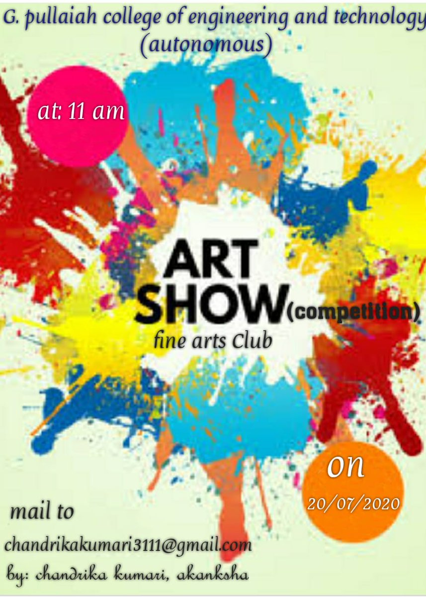 GPCETK's tweet photo. Hey guys!
A  student of @GPCETK is going to conduct a competition on #arts .
This chance is only from the registered participants.
The participants who are registered in the competition, kindly attend and show your talent and skills.
Further details are in the post.
Check out!!!! https://t.co/VXGpa9W6F4