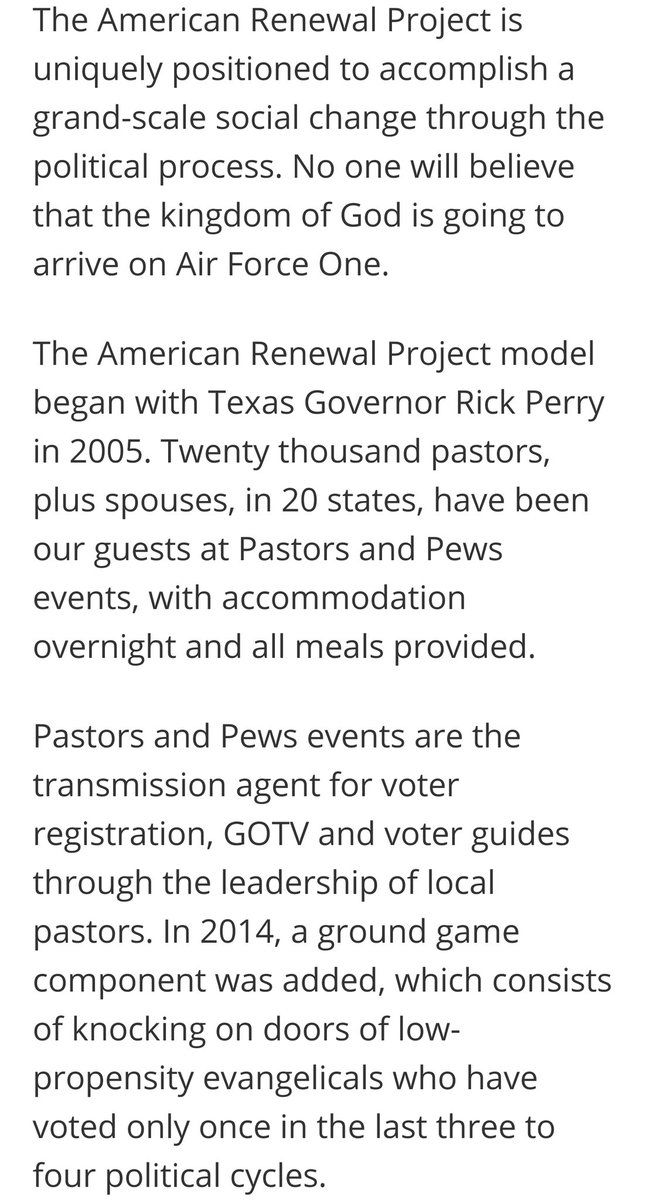 In his own words, Lane explains ARP began with Rick Perry in 2005 and that 20k pastors, plus spouses, have been guests at Pastors and Pews events.These events "are the transmission agent for voter registration, GOTV and voter guides through the leadership of local pastors." /11