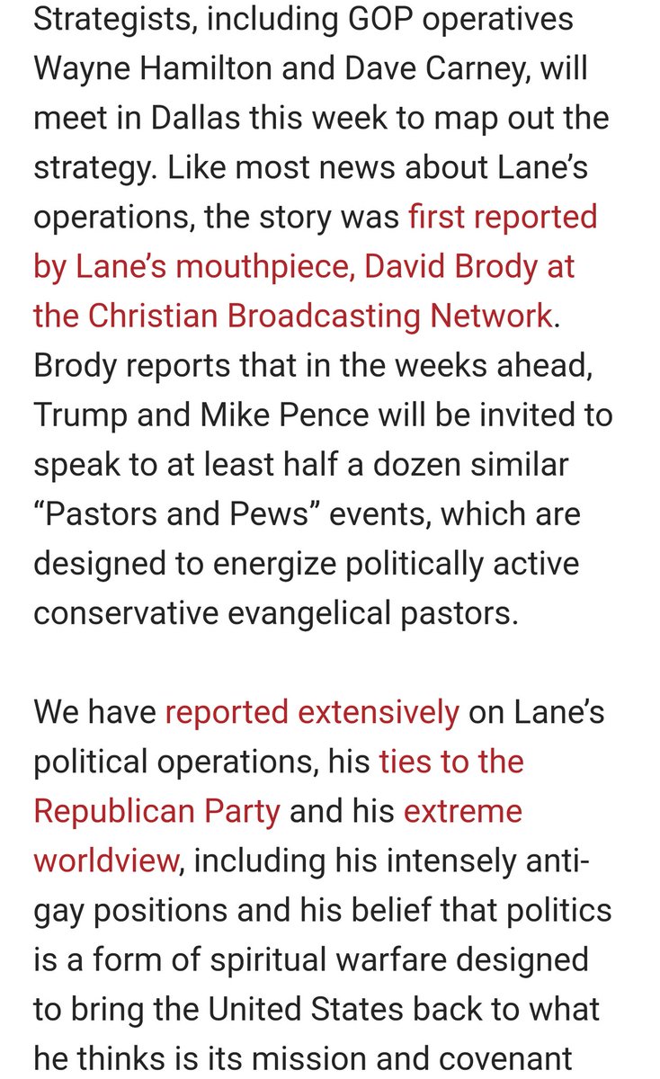 In the weeks following this article's publication, "Trump and Mike Pence will be invited to at least half a dozen similar 'Pastors and Pews' events, which are designed to energize politcally active conservative evangelical pastors." /10