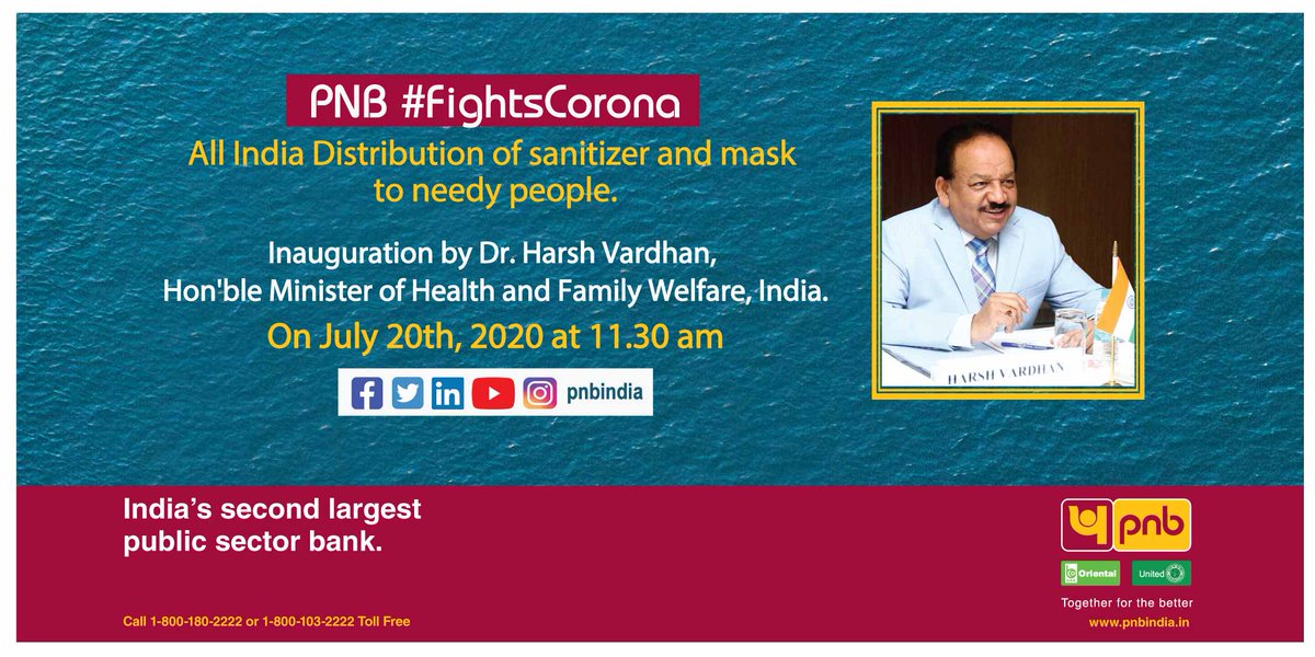pnbindia's tweet photo. PNB #FightsCorona is an initiative of Punjab National Bank, where #PNB is distributing sanitizer and masks to needy people across India. On 20th July at 11.30 am, Dr. Harsh Vardhan, the Minister of Health and Family Welfare of India will be inaugurating the ceremony in Delhi. https://t.co/mDSieZ4986