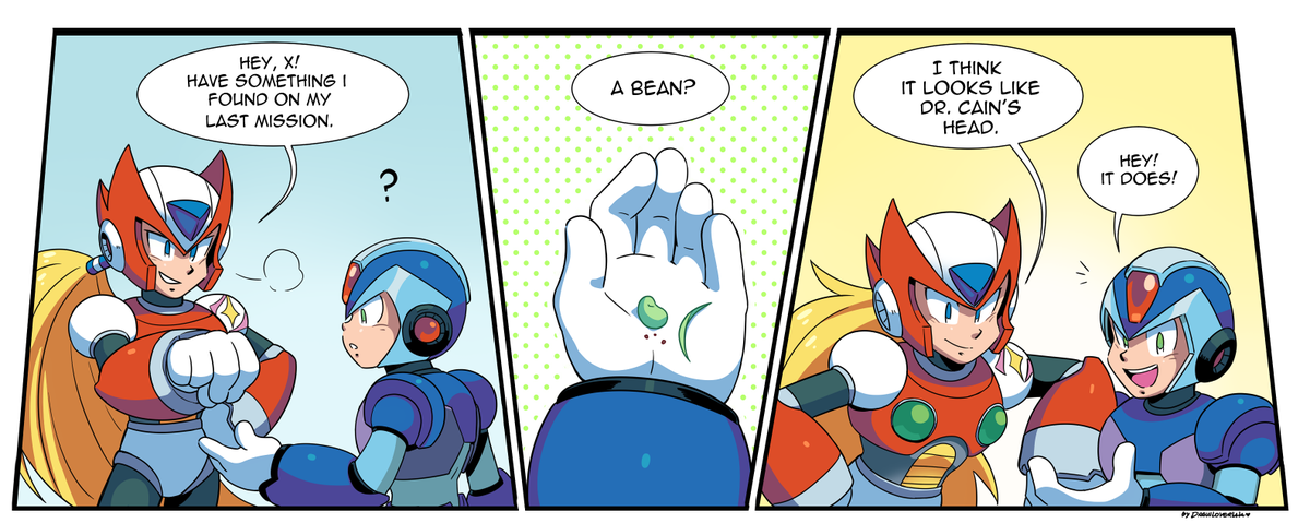 I drew these 2 little Megaman X comics and i thought they'd look nice as if they were Off Panels from the Archie Comics ?

this one is one very dumb and innocent comic 
also sorry if there's bad English grammar? 