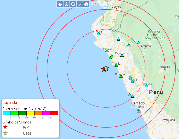 Asismet_IF's tweet photo. Reportes de aceleración
La Red-CIP-UNI informa las máximas aceleraciones del suelo (PGA) en:
Trujillo, Chepén: 7.7 gal o cm/s²
Pacasmayo: 7.6 gal
Chiclayo: 3.2 gal
Chimbote: 1.8 gal
Cajamarca: 1.1 gal
El temblor se sintió de débil a leve intensidad.
#temblor https://t.co/htzyQATt43
