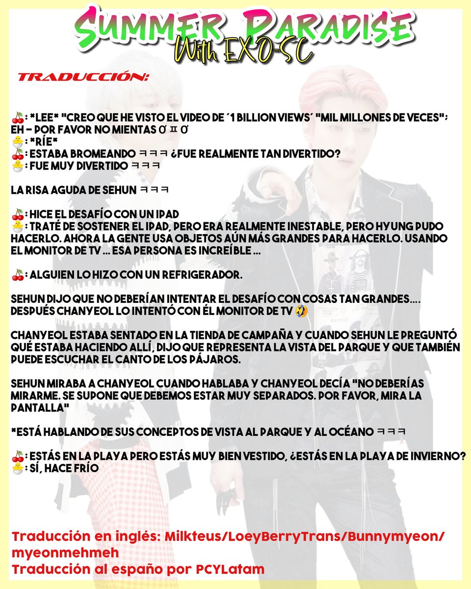 PCYLatam's tweet photo. [TRADUCCIÓN] {200720}

#EXO_SC en el Fanmeeting 'Summer Paradise' de Vlive. 

Traducción en inglés: Milkteus/LoeyBerryTrans/Bunnymyeon/ 
myeonmehmeh
Subido y traducido por Park Chanyeol 찬열 Latinoamérica
[~LChan🌸]

#EXOSCSummerParadise
#세훈찬열과_함께라면_어디든_파라다이스 https://t.co/J9bOoEx6c5