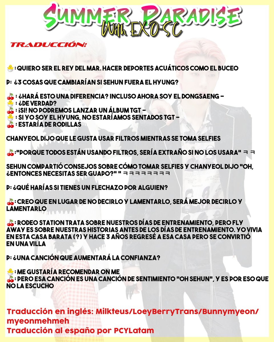 PCYLatam's tweet photo. [TRADUCCIÓN] {200720}

#EXO_SC en el Fanmeeting 'Summer Paradise' de Vlive. 

Traducción en inglés: Milkteus/LoeyBerryTrans/Bunnymyeon/ 
myeonmehmeh
Subido y traducido por Park Chanyeol 찬열 Latinoamérica
[~LChan🌸]

#EXOSCSummerParadise
#세훈찬열과_함께라면_어디든_파라다이스 https://t.co/J9bOoEx6c5