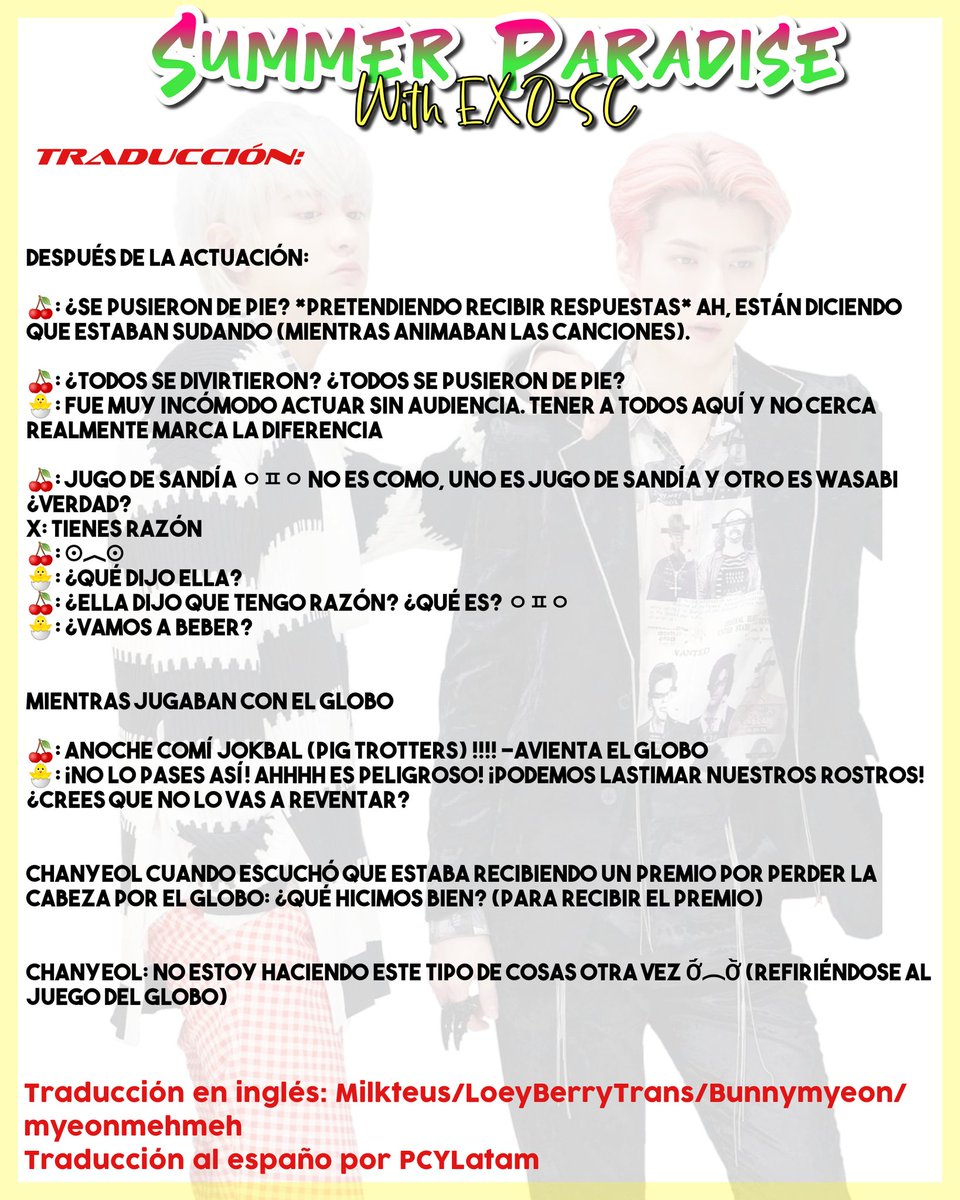 PCYLatam's tweet photo. [TRADUCCIÓN] {200720}

#EXO_SC en el Fanmeeting 'Summer Paradise' de Vlive. 

Traducción en inglés: Milkteus/LoeyBerryTrans/Bunnymyeon/ 
myeonmehmeh
Subido y traducido por Park Chanyeol 찬열 Latinoamérica
[~LChan🌸]

#EXOSCSummerParadise
#세훈찬열과_함께라면_어디든_파라다이스 https://t.co/ypMLunAMgz