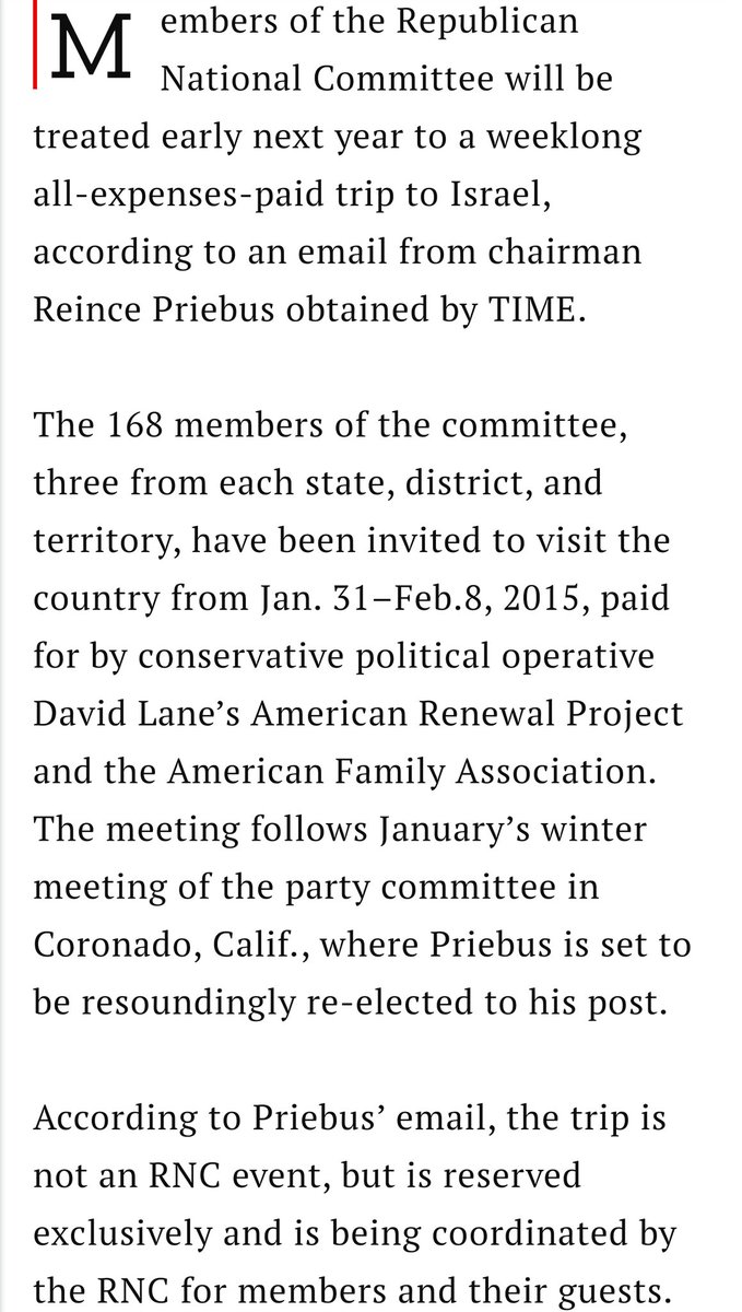 ARP/AFA's Lane invited 168 members of the RNC to a "weeklong all-expenses paid trip to Israel" in Jan/Feb 2015, which ended up being attended by 60 members.Lane has been accompanied on his trips to Israel or other nations by Rand Paul, Huckabee, and Perry. /15