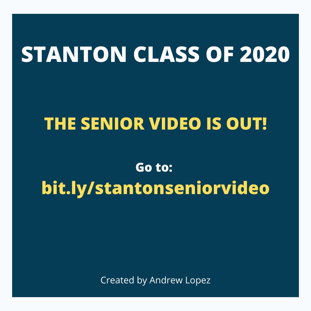scpsga's tweet photo. SENIOR VID IS UP! Link to the vid in the linktree in our bio. To the class of 2020, thank you for all the memories and the legacy y’all left at Stanton. We’ll miss you, but we know the futures bright for you all! :) 
Also, go show some love to @alopez_333 for making the video! https://t.co/Zogrj9gQ7t