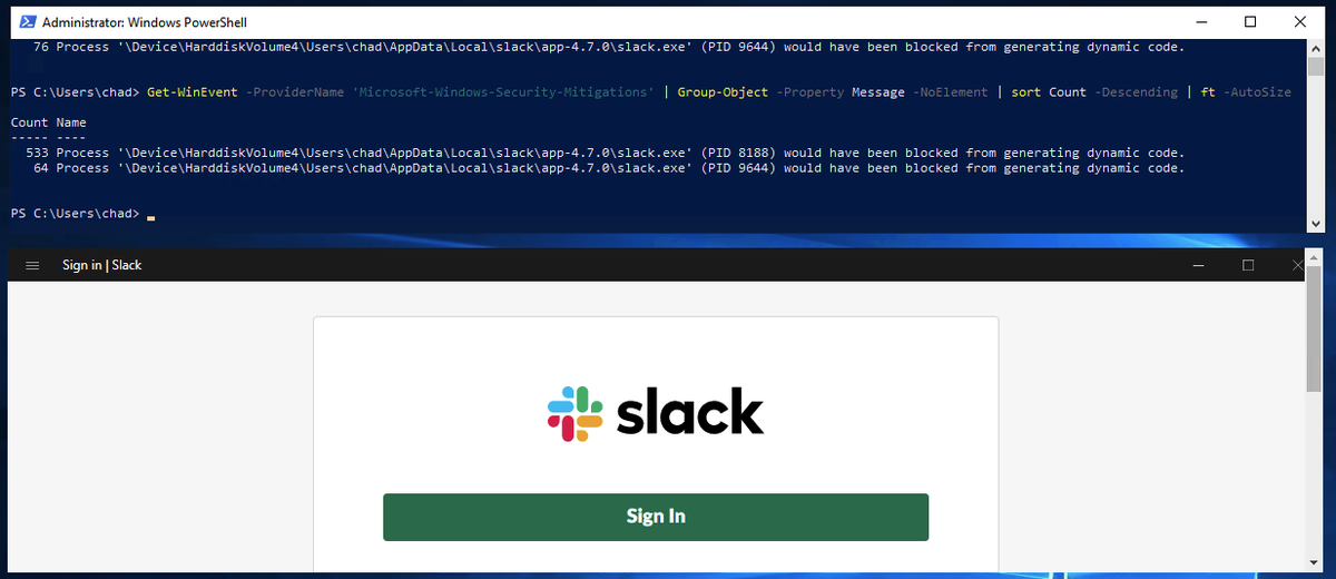 duff22b's tweet photo. Get a quick feel for whether you've made 'audit-only' type mistakes in your #Exploit Guard configuration with:
Get-WinEvent -ProviderName 'Microsoft-Windows-Security-Mitigations' | Group-Object -Property Message -NoElement | sort Count -Descending | ft -AutoSize
#WDEG #Windows https://t.co/nCkqnMYryo