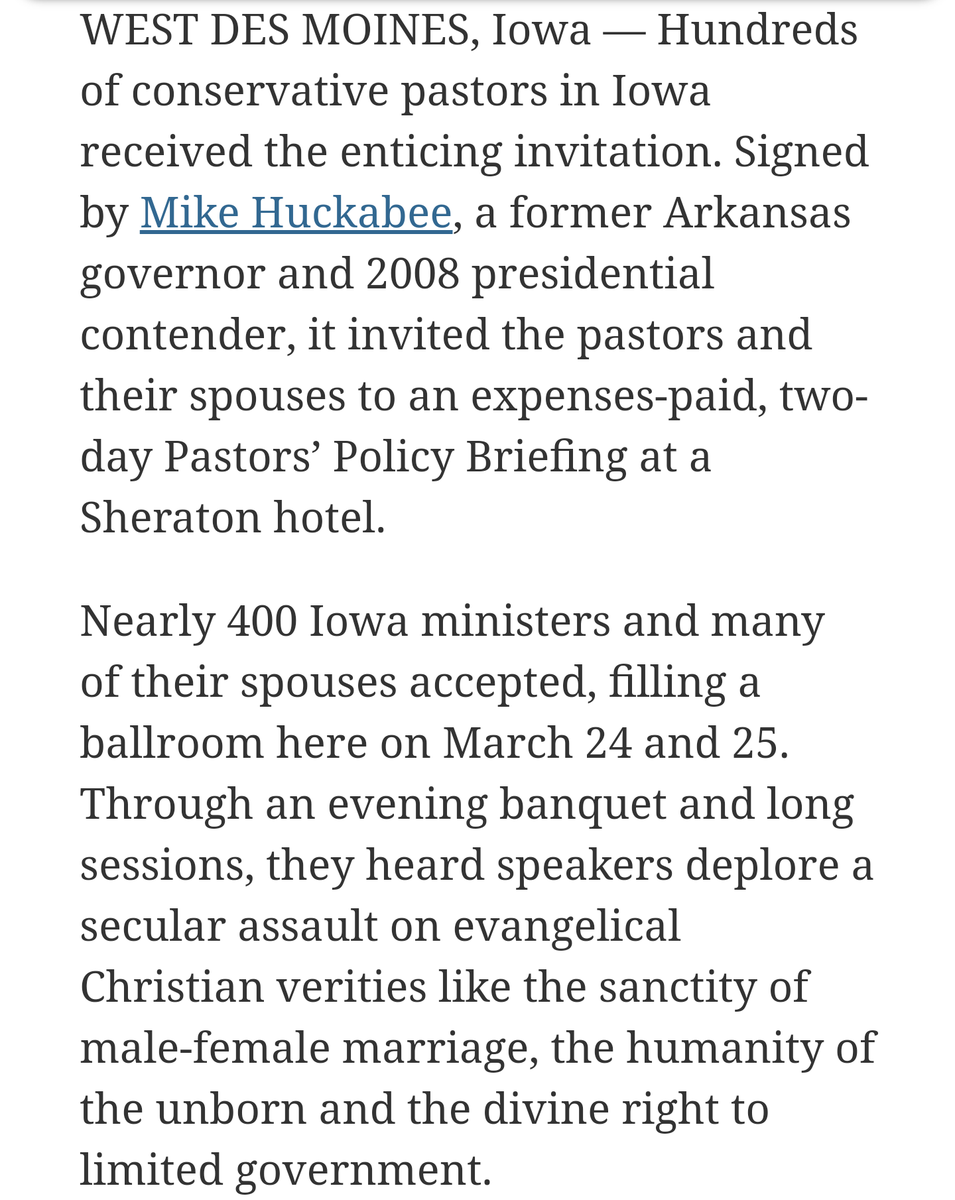 At a Mar 2011 Pastors' Policy Briefing sponsored by Lane's Iowa Renewal Project, Lane said:"What we're doing with the pastor meetings, but the end result is political. From my perspective, our country is going to hell because pastors won't lead from the pulpits." /19