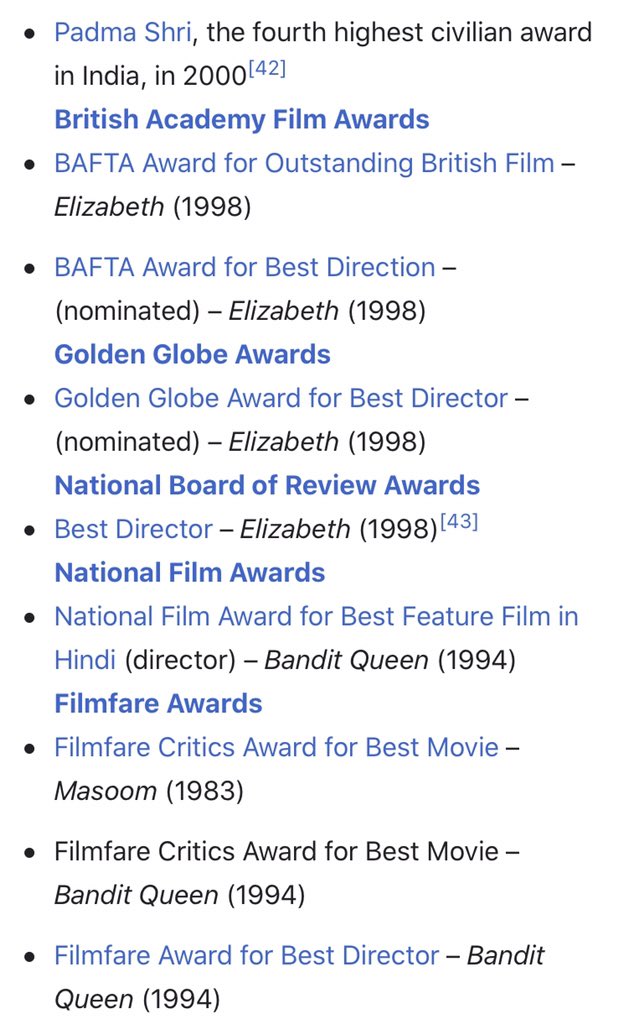 Cinema_With_PRD's tweet photo. It’s strange to see any TOM DICK & HARRY can write nasty BLIND items for someone who is a #PadmaShri, won #BAFTA twice,Nominated twice for #GoldenGlobe Awards, #NBOR Award,#NationalFilm Award & 2 #Filmfare, made Iconic films #Masoom, #MrIndia, #BaditQueen & in #Hollywood too.✨✨ https://t.co/SSfmKeT7JM