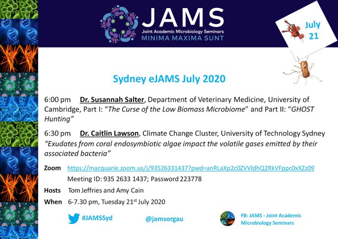 Looking forward to hearing my amazing colleague @Zannah_Du at @CamVetSchool speak about her controversial 'Kitome' project & microbial GHOST 👻 hunting and Caitlan at @UTS_Science on precious coral algae at the next #eJAMS seminar!

Tomorrow 6pm Sydney/ 9am UK time @jamsorgau 🍻