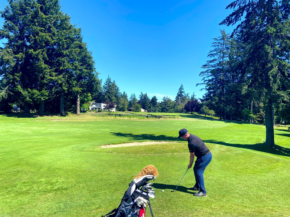 Great to host @IrrigationNick at <a href="/GolfGG/">Glacier Greens Golf Club</a> today. Thanks for sharing some great irrigation tips and tricks. Ideal tee shot on 18 to setup a perfect angle into the green. This area was rough last season.