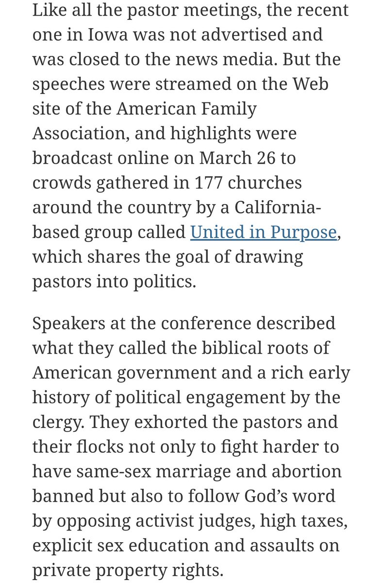 Highlights of the Iowa Pastors' PolicyBriefing "were broadcast online on Mar 26 [2011] by crowds gathered in 177 churches around the country by a California based-group called United in Purpose, which shares the goal of drawing pastors into politics." /22