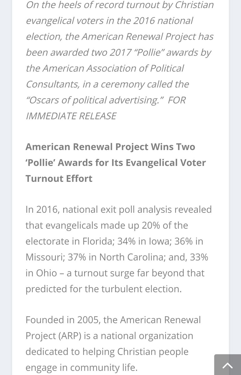 ARP--"an association of churches"--won two 2017 Pollie awards for its evangelical turnout.Two national *political* firms--Murphy Nascia & Associates (MNA) and Victory Enterprises (VE)--"joined forces to help ARP reach their goal of setting records for evangelical turnout." /28