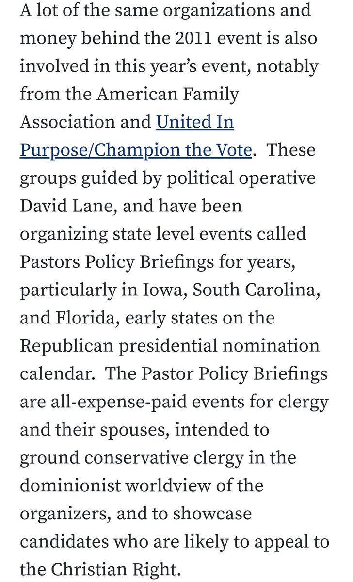 "[Lane's] Pastor Policy Briefings are all-expense-paid events for clergy and their spouses, intended to ground conservative clergy in the dominionist worldview of the organizers, and to showcase candidates who are likely to appeal to the Christian Right."Pastors are targets./27