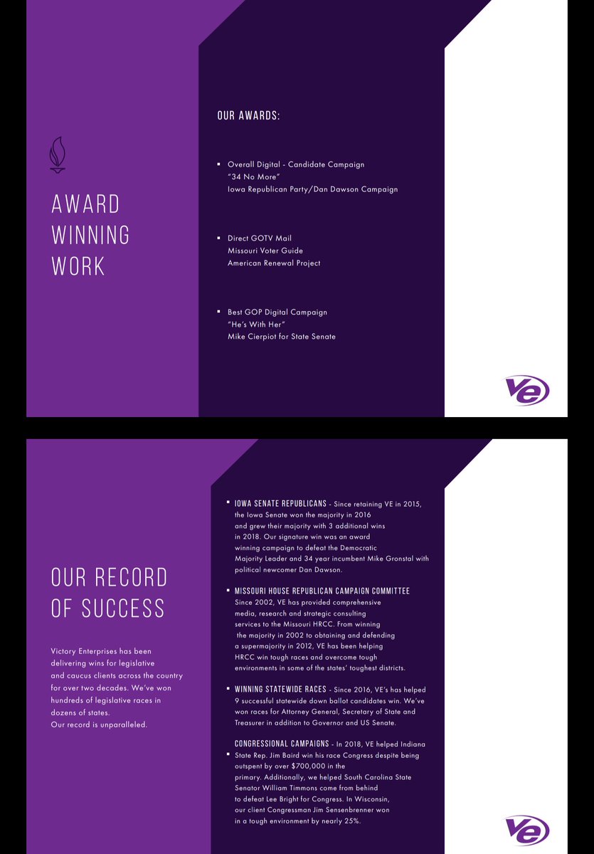 VE won an award for "GOTV Direct Mail" for "a Missouri state voter guide."Over the years, VE has helped various GOP candidates win state and federal elections. /30