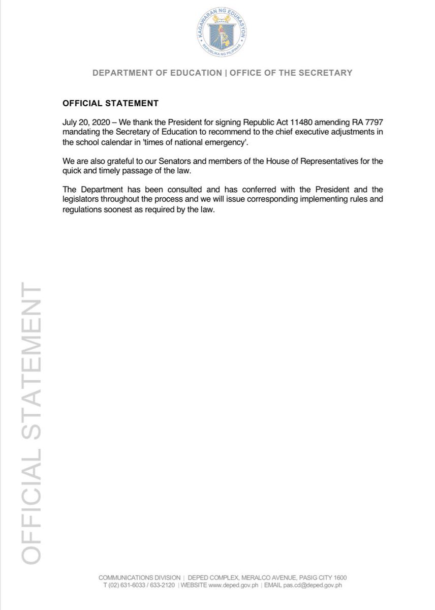 DepEd_PH's tweet photo. READ: Official statement on the signing of Republic Act 11480 amending RA 7797 mandating the Secretary of Education to recommend to the chief executive adjustments in the school calendar in 'times of national emergency'

#SulongEduKalidad #DepEdPhilippines #DepEdTayo https://t.co/B80Cx3m2AC