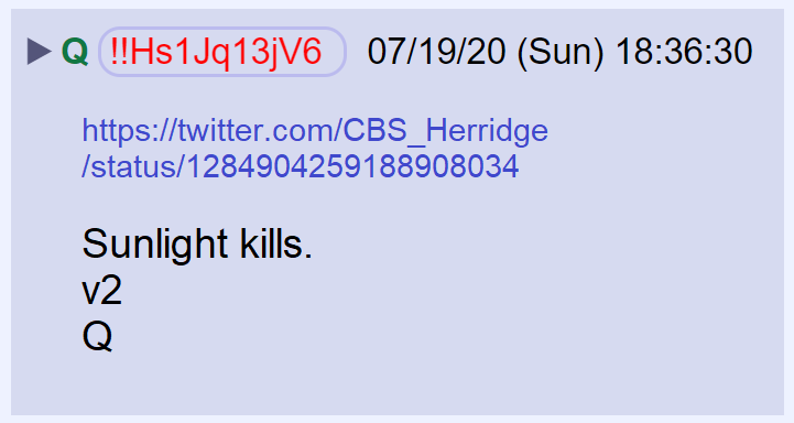 2) Q reposted a link to today's thread by Catherine Herridge on problems with the FBI's surveillance of Carter Page. I suspect this thread is being highlighted again to bring more "sunlight" to the matter.Light dispels darkness.