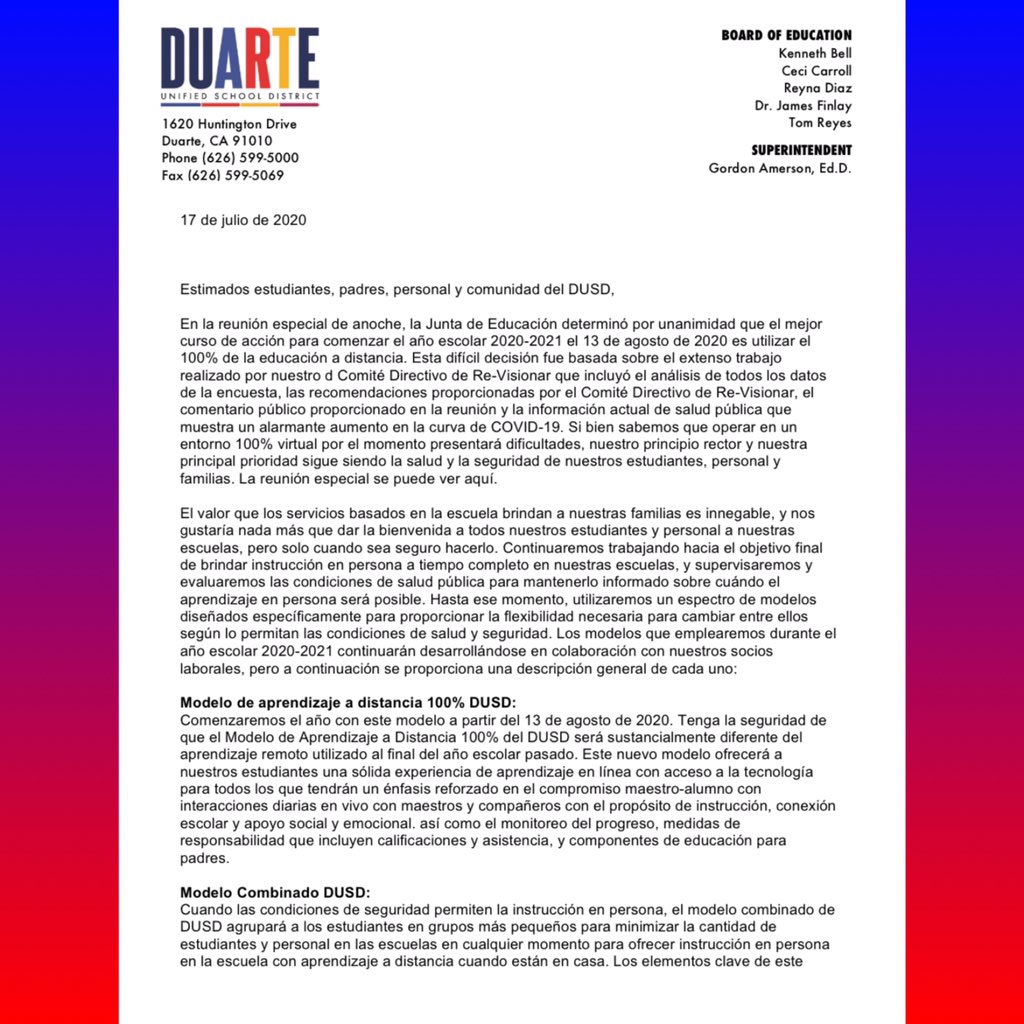 duarteusd's tweet photo. #ICYMI Please read message from @SuptAmerson regarding plan for @duarteusd to reopen with 100% Distance Learning Model on August 13, 2020. Continue to send your questions to communications@duarteusd.org to help us develop our FAQ for students, staff and parents. Thank you! https://t.co/PQp228MIaI
