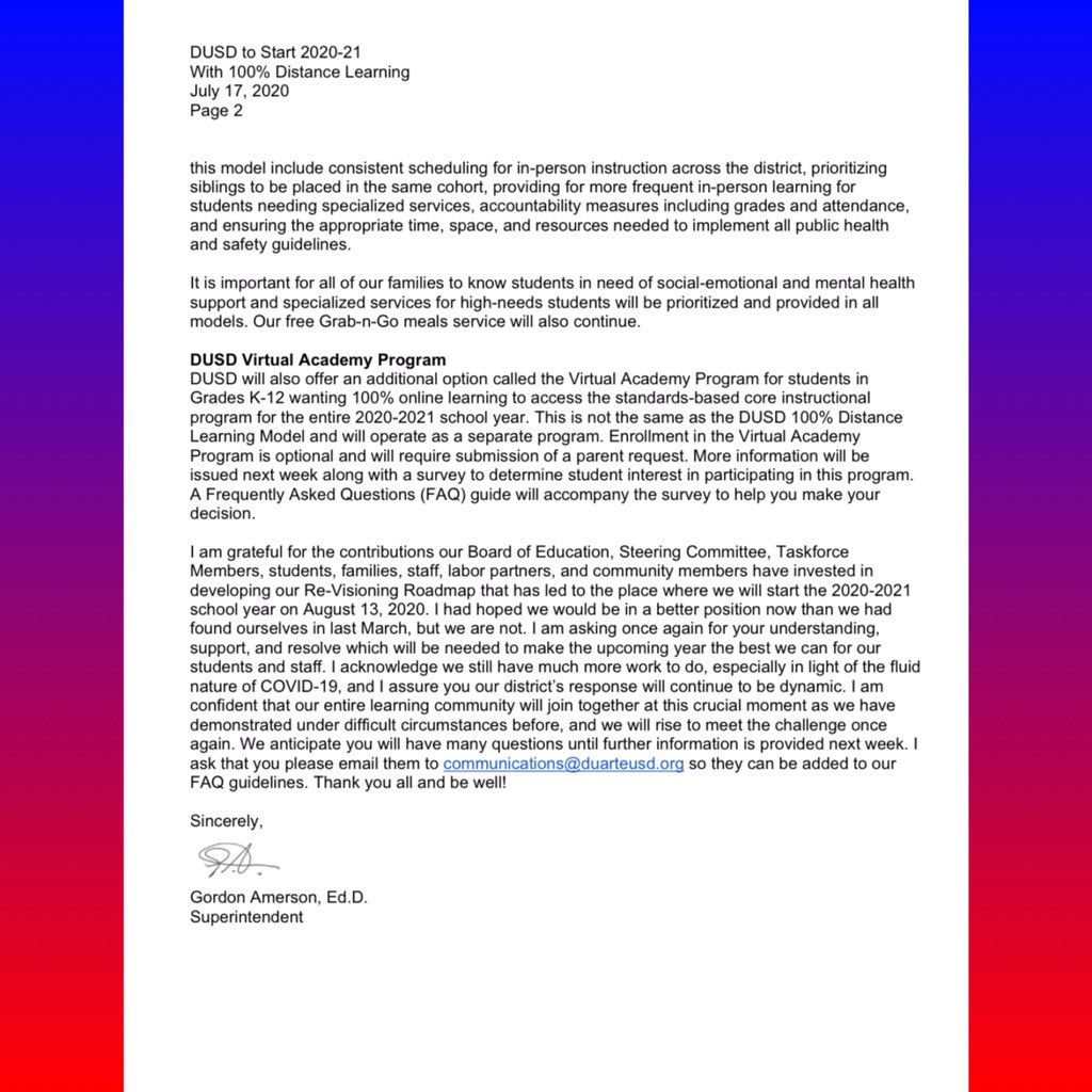 duarteusd's tweet photo. #ICYMI Please read message from @SuptAmerson regarding plan for @duarteusd to reopen with 100% Distance Learning Model on August 13, 2020. Continue to send your questions to communications@duarteusd.org to help us develop our FAQ for students, staff and parents. Thank you! https://t.co/PQp228MIaI