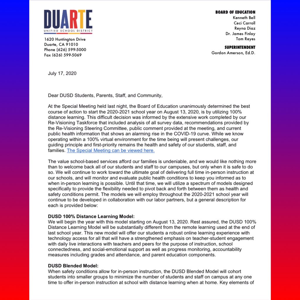 duarteusd's tweet photo. #ICYMI Please read message from @SuptAmerson regarding plan for @duarteusd to reopen with 100% Distance Learning Model on August 13, 2020. Continue to send your questions to communications@duarteusd.org to help us develop our FAQ for students, staff and parents. Thank you! https://t.co/PQp228MIaI