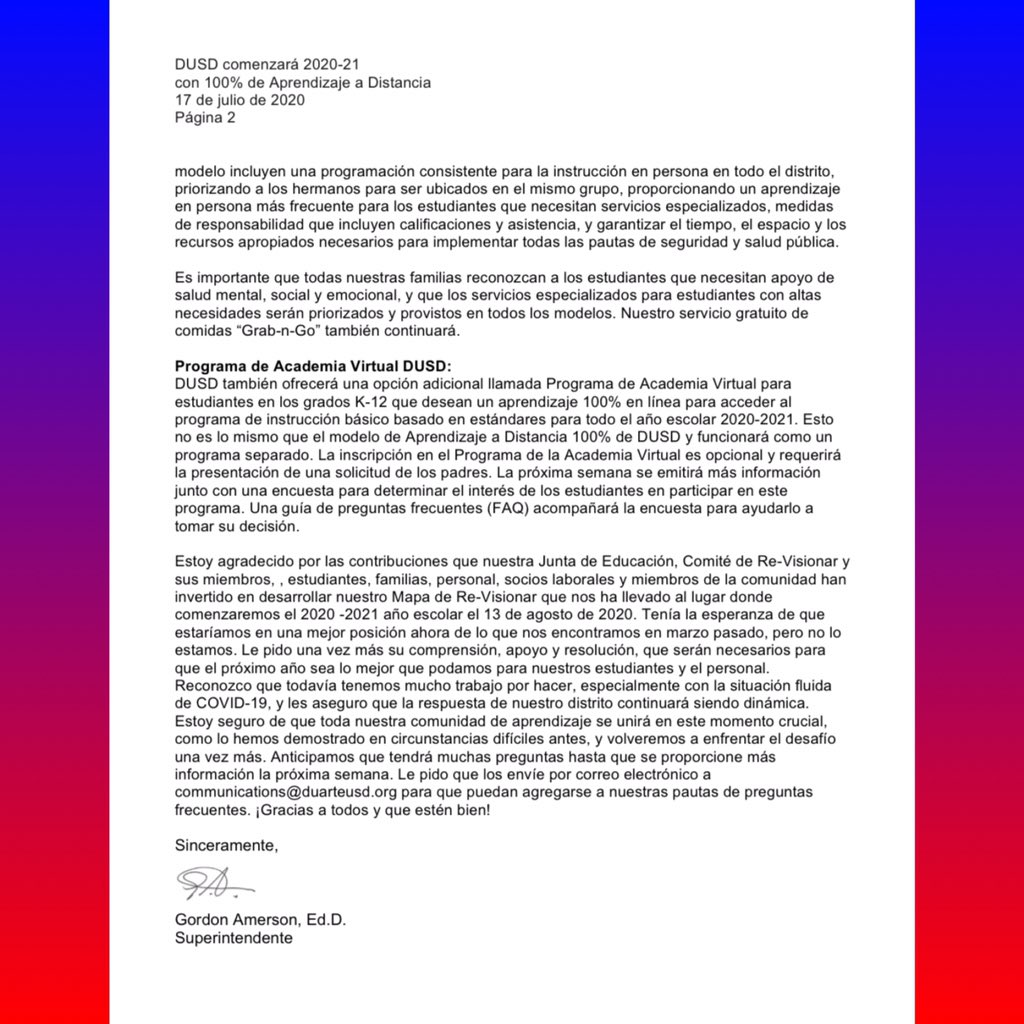 duarteusd's tweet photo. #ICYMI Please read message from @SuptAmerson regarding plan for @duarteusd to reopen with 100% Distance Learning Model on August 13, 2020. Continue to send your questions to communications@duarteusd.org to help us develop our FAQ for students, staff and parents. Thank you! https://t.co/PQp228MIaI