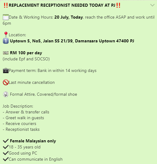 ChloeTan1226's tweet photo. One day replacement receptionist needed at #PJ ‼️
Please share &amp; RT. Kindly send me your resume at Tan_Sookping@kellyservices.com.my 

@haikerja @indeed @twt_kerja @MauKerjaMY @jomkerjamy @Oh_KerjaKosong @Twt_IklanKerja @twt_job @kerjakosongla @ZOHL_KERJAYA
 #vacancy #job https://t.co/dqQAarRxVA
