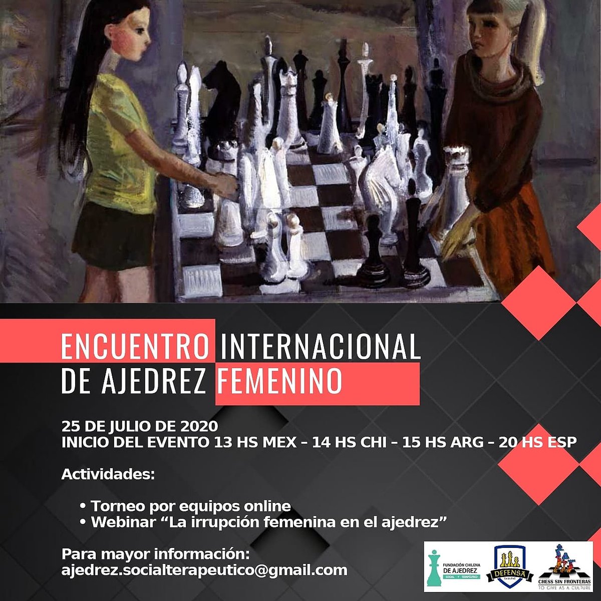 PRIMER ENCUENTRO INTERNACIONAL FEMENINO ONLINE CON TORNEO POR EQUIPOS Y WEBINAR "LA IRRUPCIÓN DE LA MUJER EN EL AJEDREZ" 🇨🇱 🇦🇷 🇲🇽

Más info:
m.facebook.com/story.php?stor…