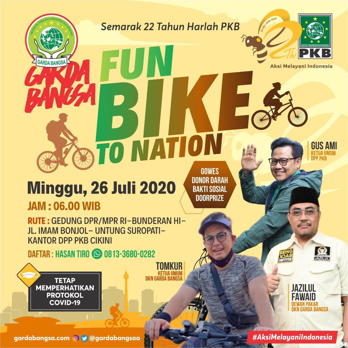 Semarak #Harlah22PKB DKN <a href="/Gardabangsaa/">Garda Bangsa Media</a> menggelar Goess bersama Gus AMI <a href="/cakimiNOW/">A Muhaimin Iskandar</a> Start  depan Gedung Kura2 DPR/MPR-RI &amp; Finish di kantor DPP PKB.

Juga ada Bakti Sosial, Donor Darah, dan Pembagian Doorprize.

Yuk ikuti keseruannya ya
#Harlah22PKB 
#AksiMelayaniIndonesia