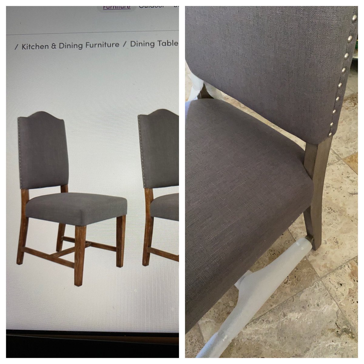 DubbyLee's tweet photo. @Wayfair Check out the picture you advertise and see the actual product that arrived at my home. I bought 8 dining room chairs based on the website photo. Now I have to return them and pay for the privilege.  No more shopping @Wayfair. https://t.co/xOGVFpaC2g