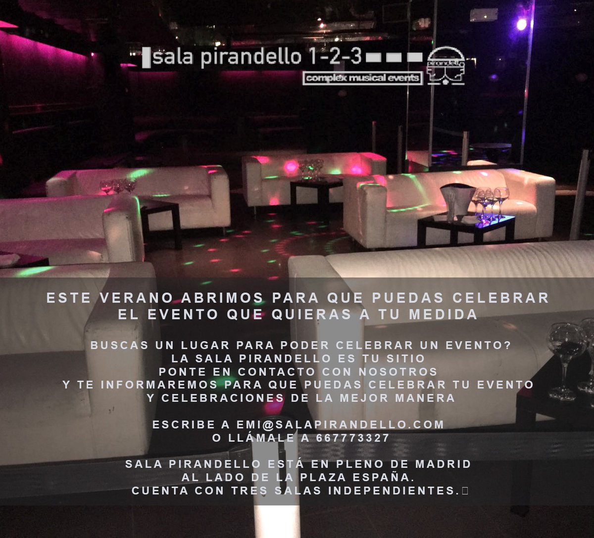 Este verano abrimos para que puedas celebrar el evento que quieras a tu medida 
Ponte en contacto con nosotros para que puedas celebrar tu evento y celebraciones de la mejor manera
 Escribe a emi@salapirandello.com 
O llámale a 667773327
#salapirandello #eventos #madrid