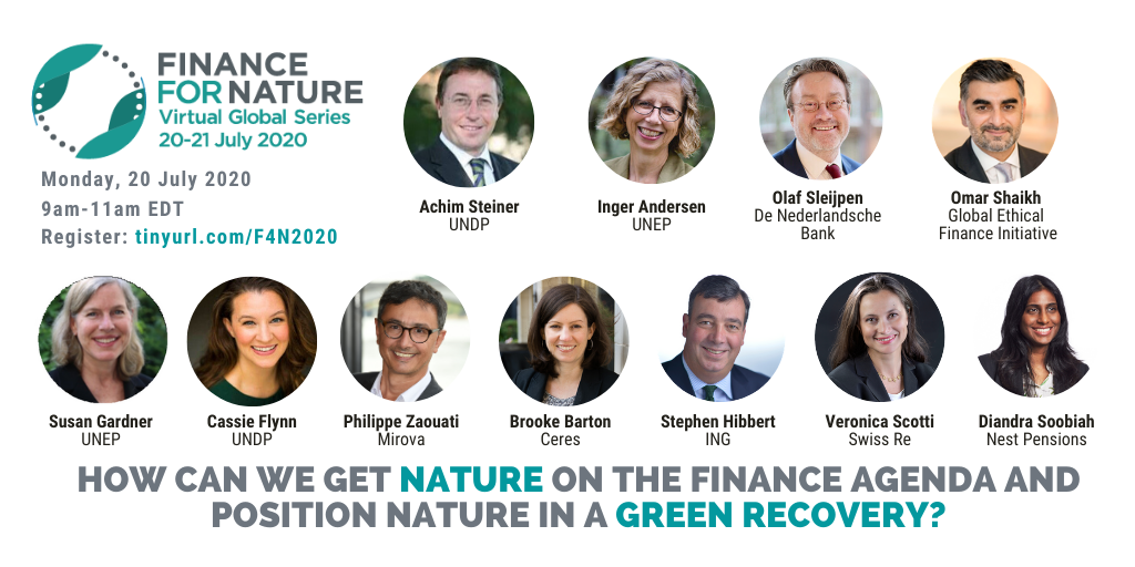 Still time to sign up for Day 1 of #FinanceNature Summit at tinyurl.com/F4N2020

Join <a href="/CeresNews/">Ceres</a>, <a href="/ING_news/">ING</a>, <a href="/Mirova_RI/">Mirova</a>, <a href="/nestpensions/">Nest Pensions</a> &amp; <a href="/SwissRe/">Swiss Re</a> to learn how the finance community can work across coalitions to accelerate nature-friendly investments to ensure a #GreenRecovery