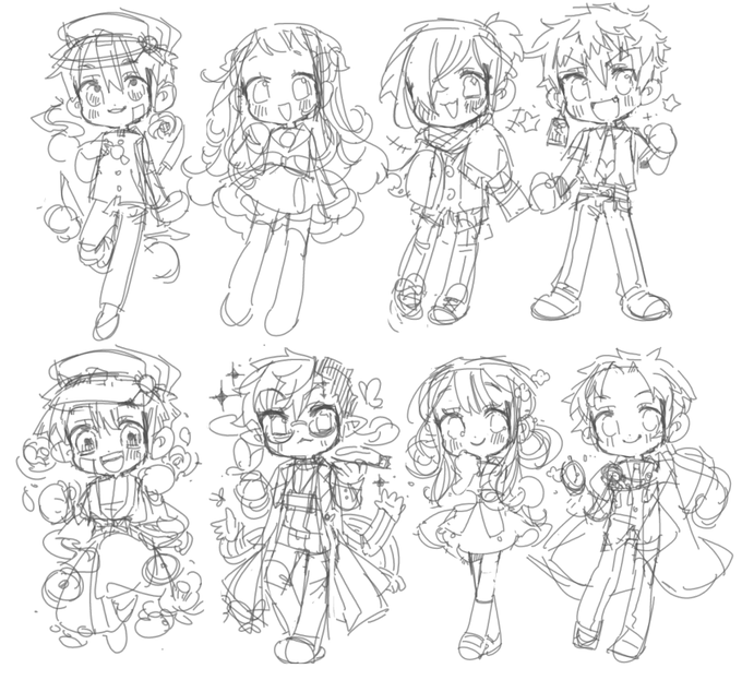 sketches for hanako-kun charms! Although I'll only be able to finish the main 3 + tsukasa and mitsuba for right now ;;;
#tbhk #jshk 