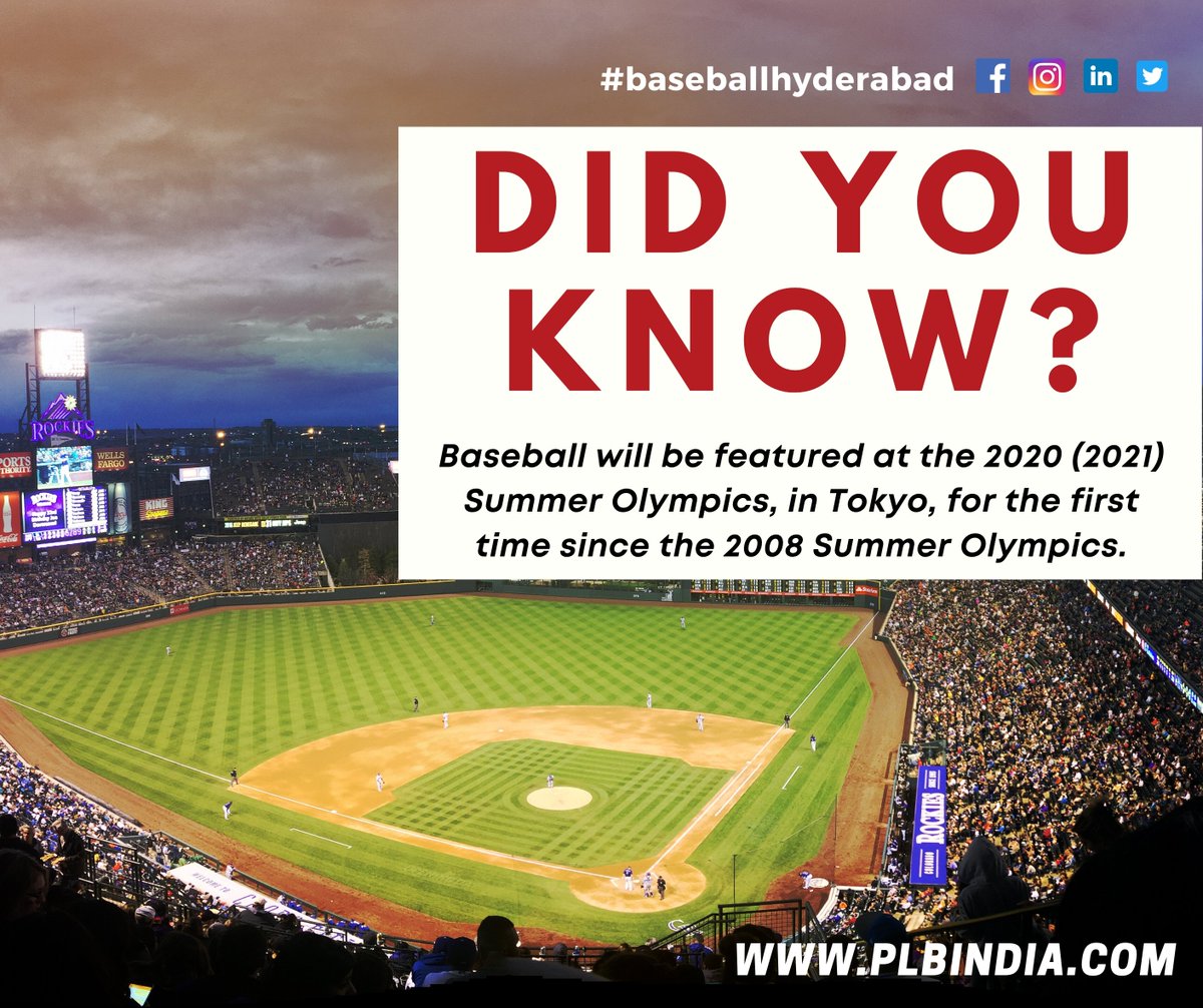hydbaseball's tweet photo. DID YOU KNOW??

Baseball will be featured at the 2020 (2021) Summer Olympics, in Tokyo. 6 national teams will compete in Olympic. Israel, Japan, Mexico, &amp; South Korea have qualified so far. 

#baseballhyderabad #HBBC #PLBIndia #baseball #india #Olympics https://t.co/PiNyxR1tby