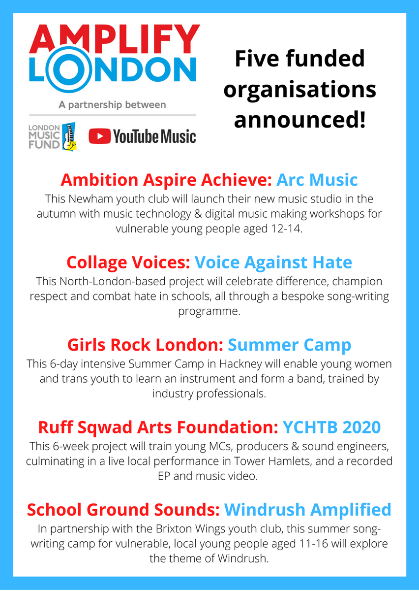 londonmusicfund's tweet photo. Today we are delighted to announce the first 5 grassroots organisations receiving funding from #AmplifyLDN, our new fund in partnership with @youtubemusic &amp; @SConnections. These 5 projects will directly reach up to 200 young people aged 11-21 across at least 6 LDN boroughs: https://t.co/cZ3IWMkwYj